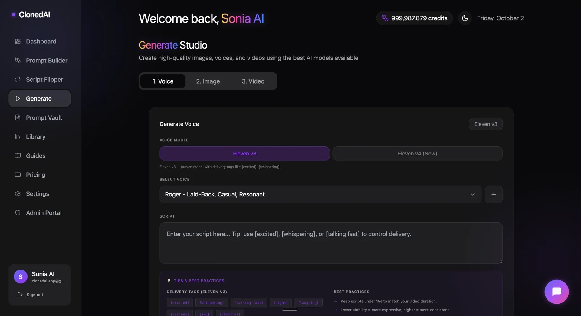 ClonedAI Studio Generate Studio workspace