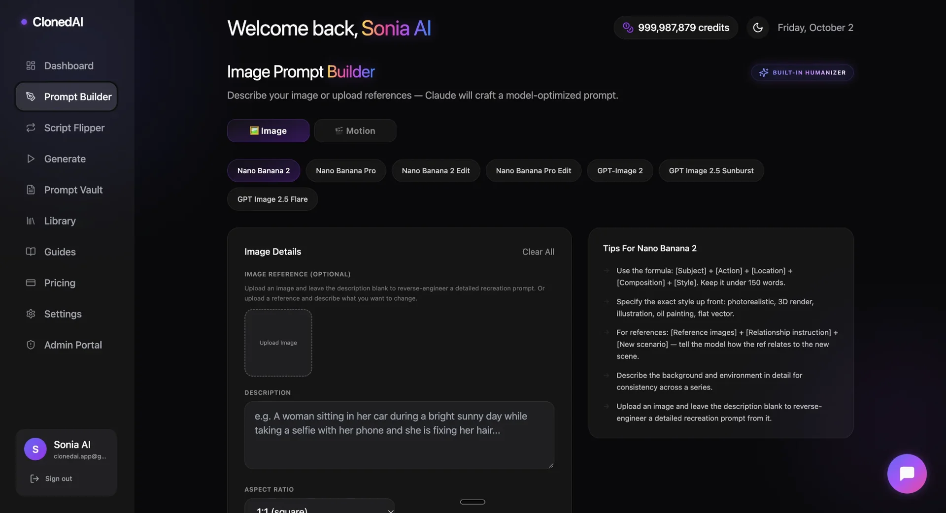 ClonedAI Studio Prompt Builder workspace