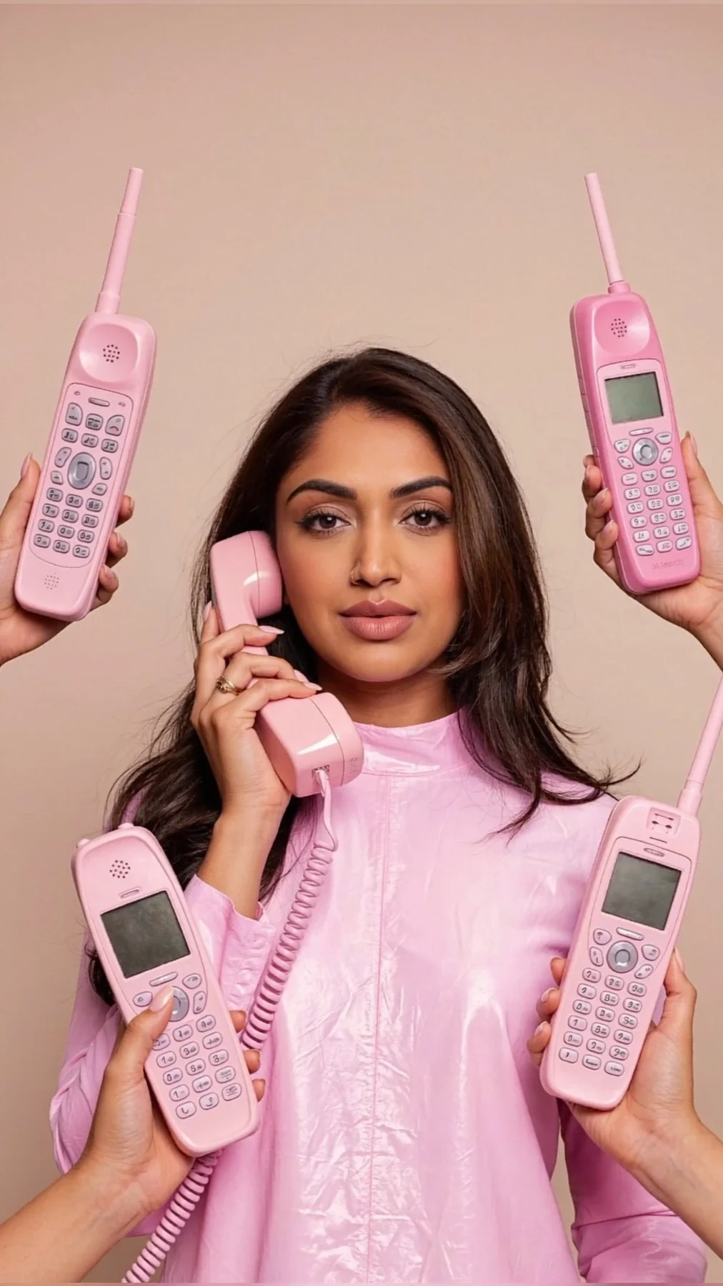 Sonia in pink surrounded by pink telephones in a creative portrait